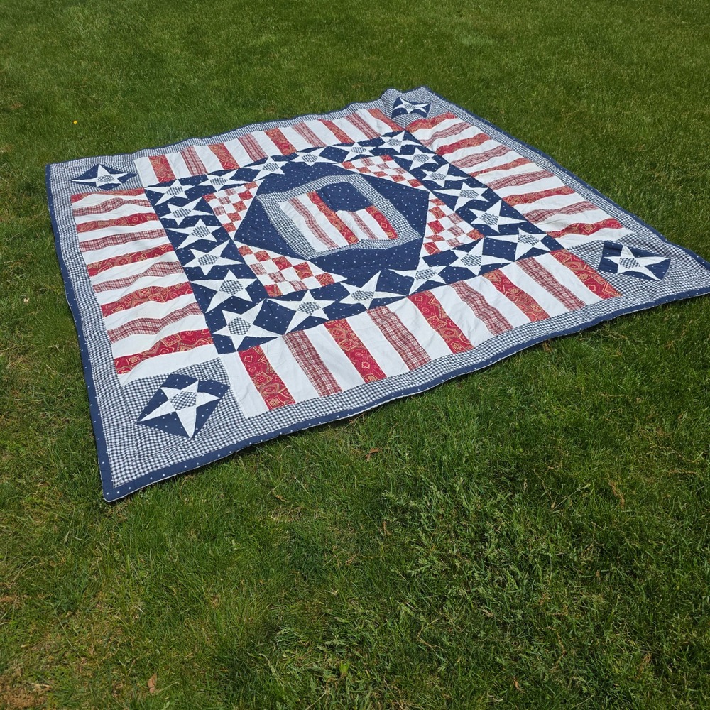 Vintage Americana Patchwork Quilt Red White Blue Star Flag 81x81 Square Queen